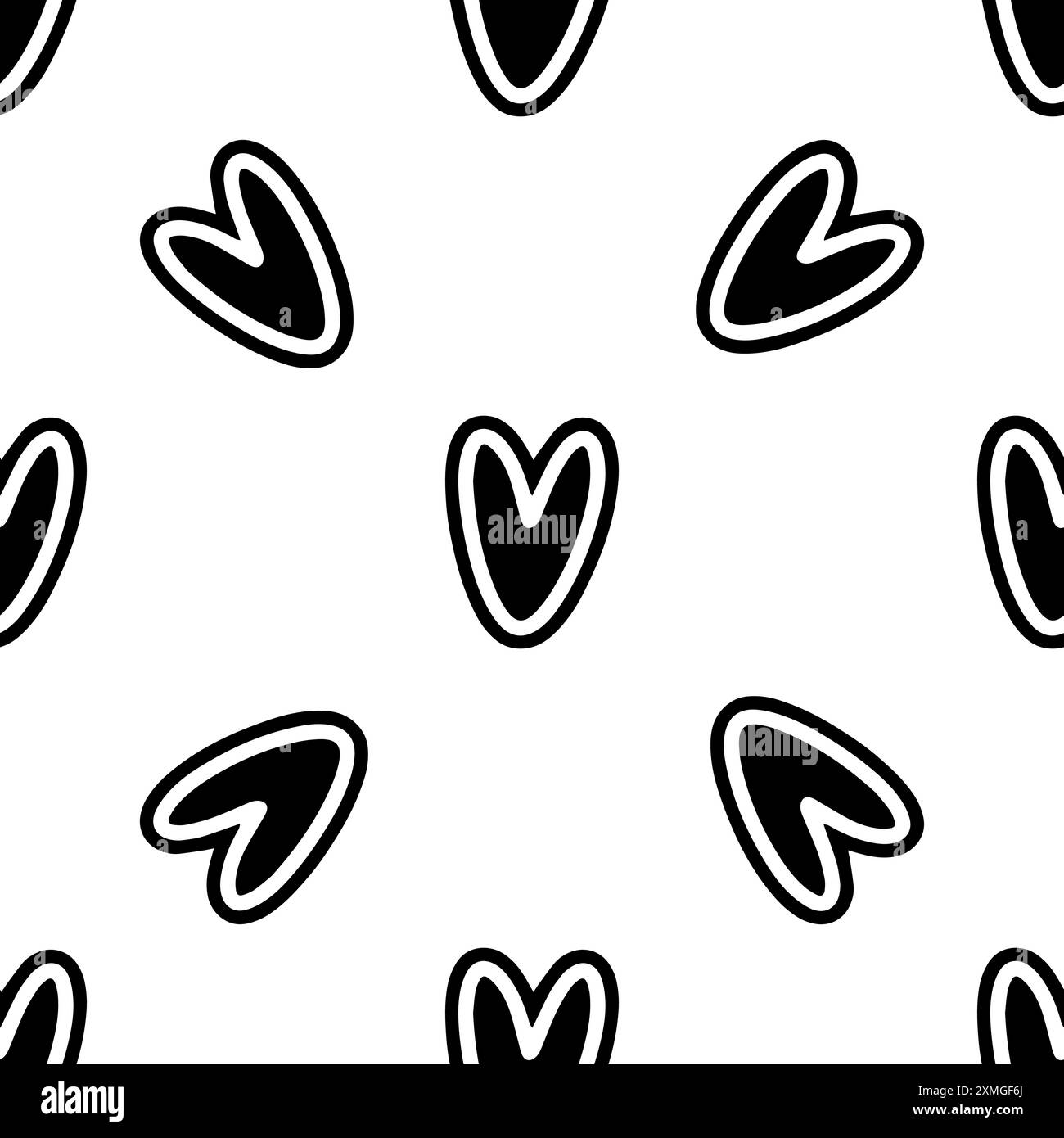 Sfondo cuore vettoriale. Grafico batik della ripetizione geometrica. Pittura a doodle disegnata a mano. Tratto pennello illustrazione del design. Sfondo artistico senza interruzioni. Bianco e nero. Concetto di San Valentino Illustrazione Vettoriale