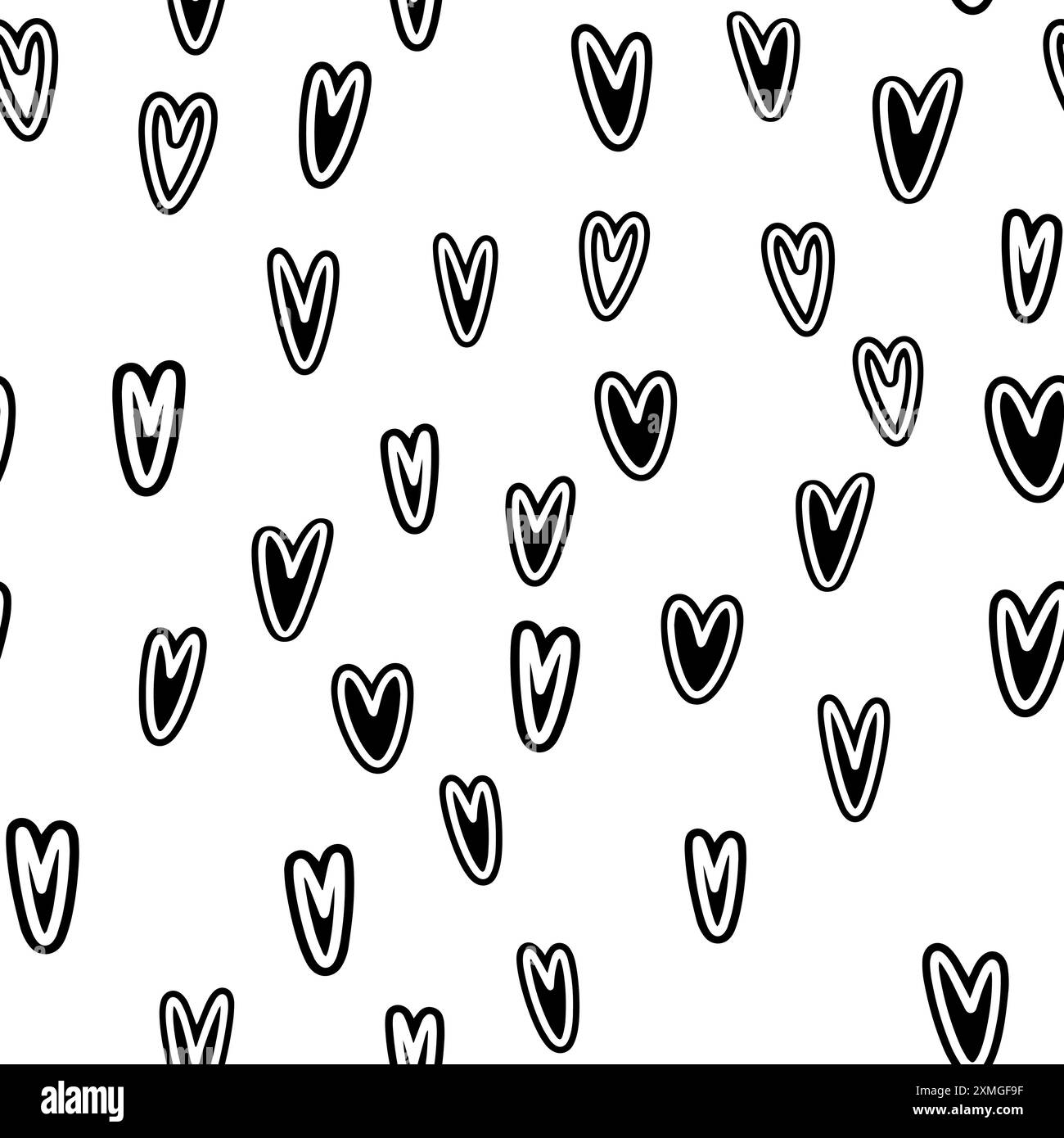 Sfondo cuore vettoriale. Grafico batik della ripetizione geometrica. Pittura a doodle disegnata a mano. Tratto pennello illustrazione del design. Sfondo artistico senza interruzioni. Concetto di San Valentino. Bianco e nero Illustrazione Vettoriale