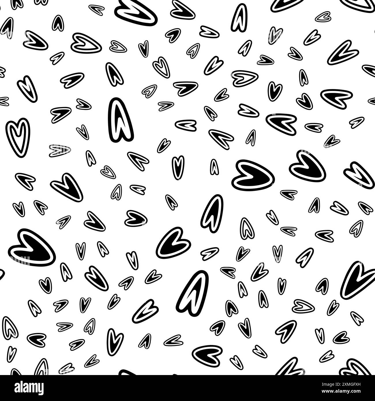 Sfondo cuore vettoriale. Grafico batik della ripetizione geometrica. Pittura a doodle disegnata a mano. Tratto pennello illustrazione del design. Sfondo artistico senza interruzioni. Concetto di San Valentino. Bianco e nero Illustrazione Vettoriale