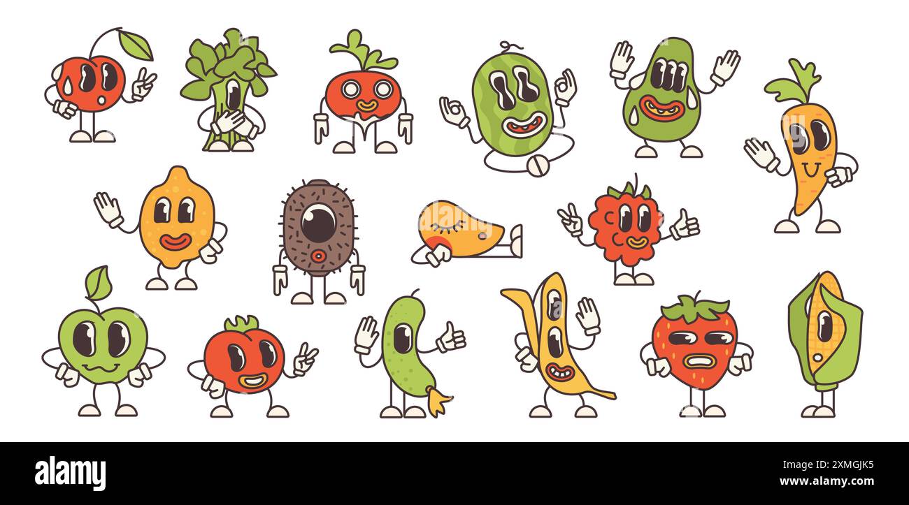 Cartoni animati di frutta e verdura psichedelica. Divertente emoji con cibo estivo fresco retrò e sorrisi folli. Adesivi comici di fragola e mela, illustrazione vettoriale dei broccoli Illustrazione Vettoriale