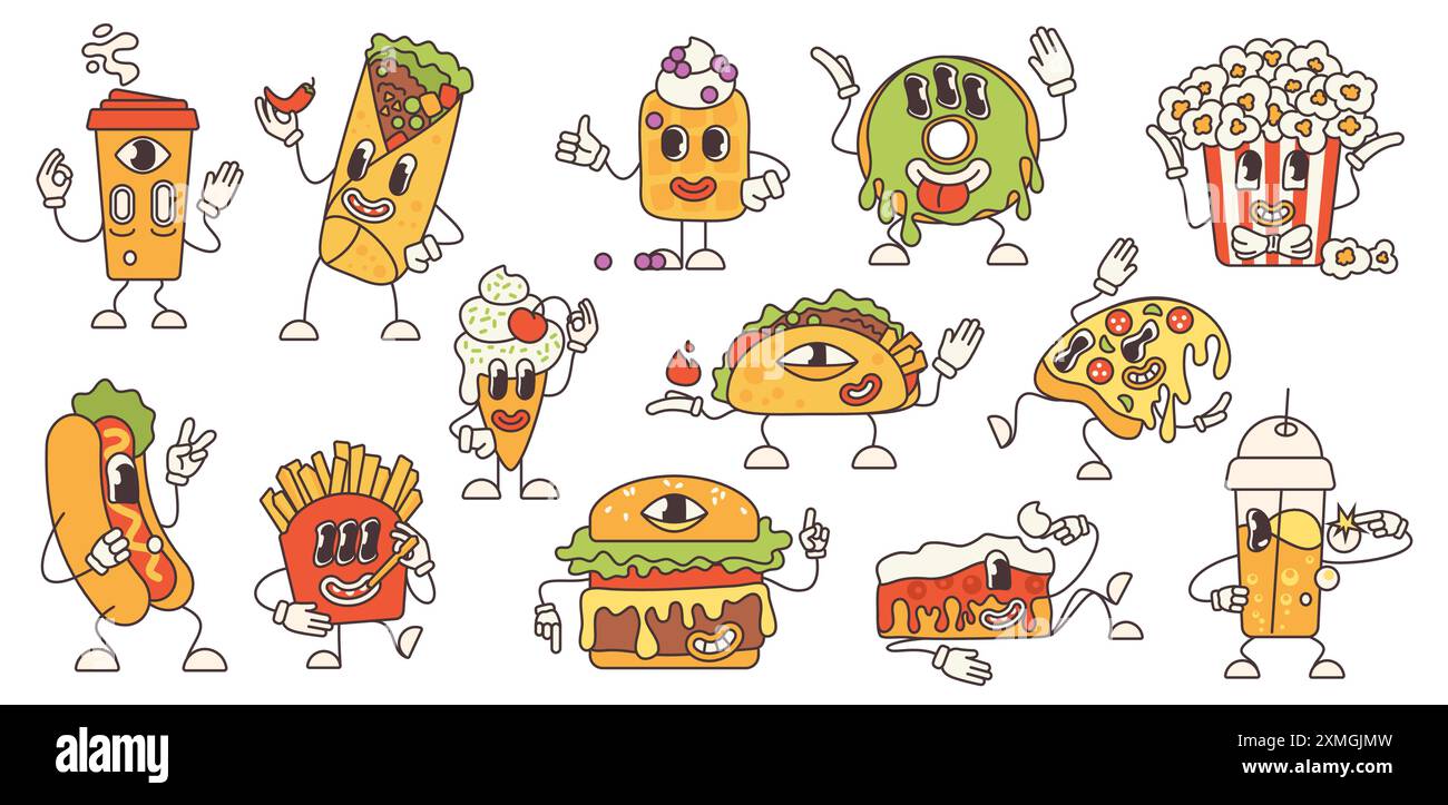 Set di personaggi del cibo psichedelico dei cartoni animati. Divertente emoji retrò da fast food con il volto distorto, molti occhi e sorrisi. Pizza con formaggio e hamburger, hotdog e adesivi per torte illustrazione vettoriale Illustrazione Vettoriale