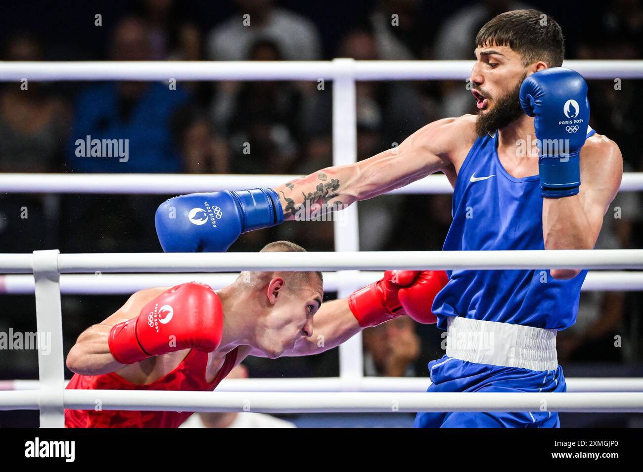 Villepinte, Francia. 28 luglio 2024. KIWAN rami Mofid di Bulgaria e DURKACZ Damiano di Polonia durante la boxe, UOMINI 71KG - PRELIMINARI, Giochi Olimpici di Parigi 2024 il 28 luglio 2024 alla North Paris Arena di Villepinte, Francia - Photo Matthieu Mirville/DPPI Media/Panoramic Credit: DPPI Media/Alamy Live News Foto Stock