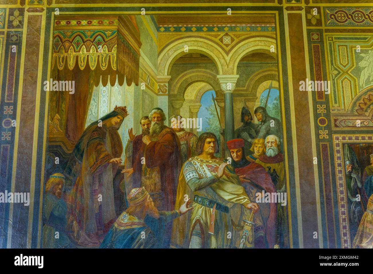 Kaiserpfalz Goslar die Kaiserpfalz Goslar umfasst ein Areal von etwa 340 mal 180 Metern, gelegen am Fuß des Rammelsbergs im Süden der Stadt Goslar, auf dem sich im Wesentlichen das Kaiserhaus, das ehemalige Kollegiatstift St. Simon und Judas, Die Pfalzkapelle St. Ulrich und die Lifinbenkirche Libubenkirche. befanden. Die zwischen 1040 und 1050 unter Heinrich III. Errichtete Kaiserpfalz ist ein einzigartiges Denkmal weltlicher Baukunst. über 200 Jahre wurde hier auf zahlreichen Reichs-und Hoftagen deutsche und Europäische Geschichte geschrieben. Der Kaisersaal mit den Wandbildern von Hermann W. Foto Stock