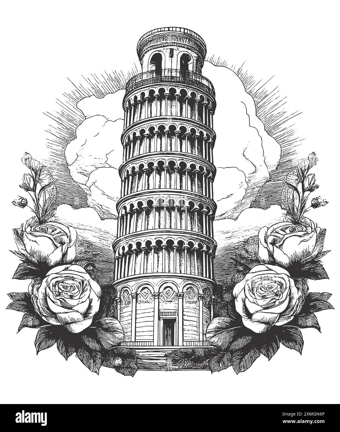 Illustrazione vettoriale in stile incisione vintage della torre pendente di Pisa, Toscana, Italia Illustrazione Vettoriale