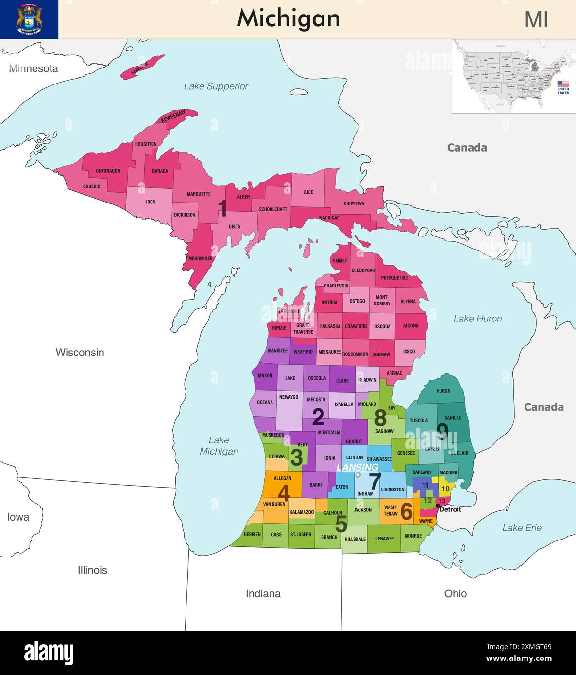 Mappa dello stato del Michigan con i confini delle contee e i confini colorati dei distretti congressuali a causa del censimento degli Stati Uniti del 2020 e che è valida da allora Illustrazione Vettoriale