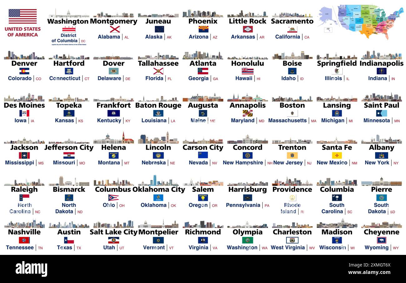 Stati Uniti tutte le capitali degli stati uniti si affacciano sullo skyline. Mappa degli Stati Uniti con regioni, divisioni e capitali segnate su di essa. Tutte le bandiere della U Illustrazione Vettoriale