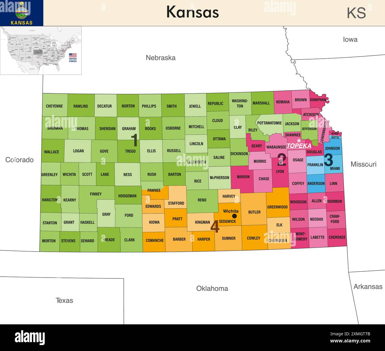 Mappa dello stato del Kansas con i confini delle contee e i confini colorati dei distretti congressuali a causa del censimento degli Stati Uniti del 2020 e che è valida dal 20 Illustrazione Vettoriale