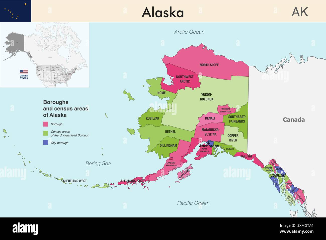 Mappa dello stato dell'Alaska con i confini dei quartieri e delle aree di censimento. Il distretto congressuale più grande dell'Alaska. Bandiera dell'Alaska. Vettore Illustrazione Vettoriale