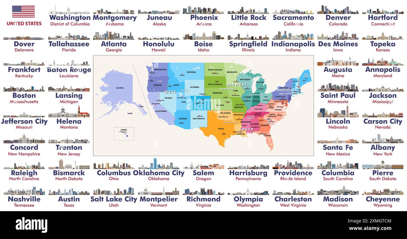 Tutte le capitali degli stati Uniti d'america si affacciano sullo skyline degli Stati Uniti. Mappa degli Stati Uniti con regioni, divisioni e tutte le capitali di stato su di essa. Gruppo vettoriale Illustrazione Vettoriale