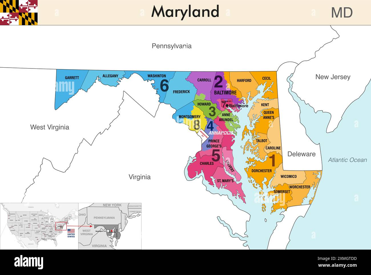 Mappa dello stato del Maryland con i confini delle contee e i confini colorati dei distretti congressuali a causa del censimento degli Stati Uniti del 2020 e che è valida da allora Illustrazione Vettoriale