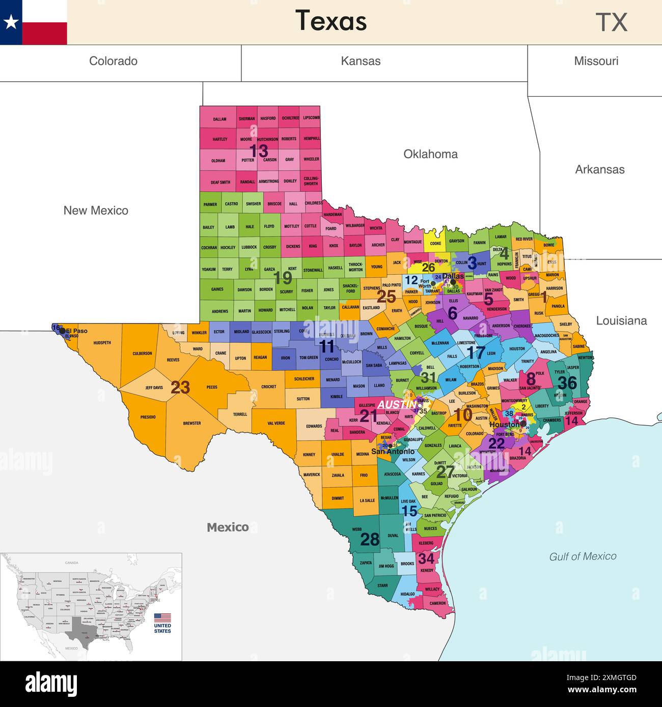 Mappa dello stato del Texas con i confini delle contee e i confini colorati dei distretti congressuali a causa del censimento degli Stati Uniti del 2020 e che è valida dal 202 Illustrazione Vettoriale