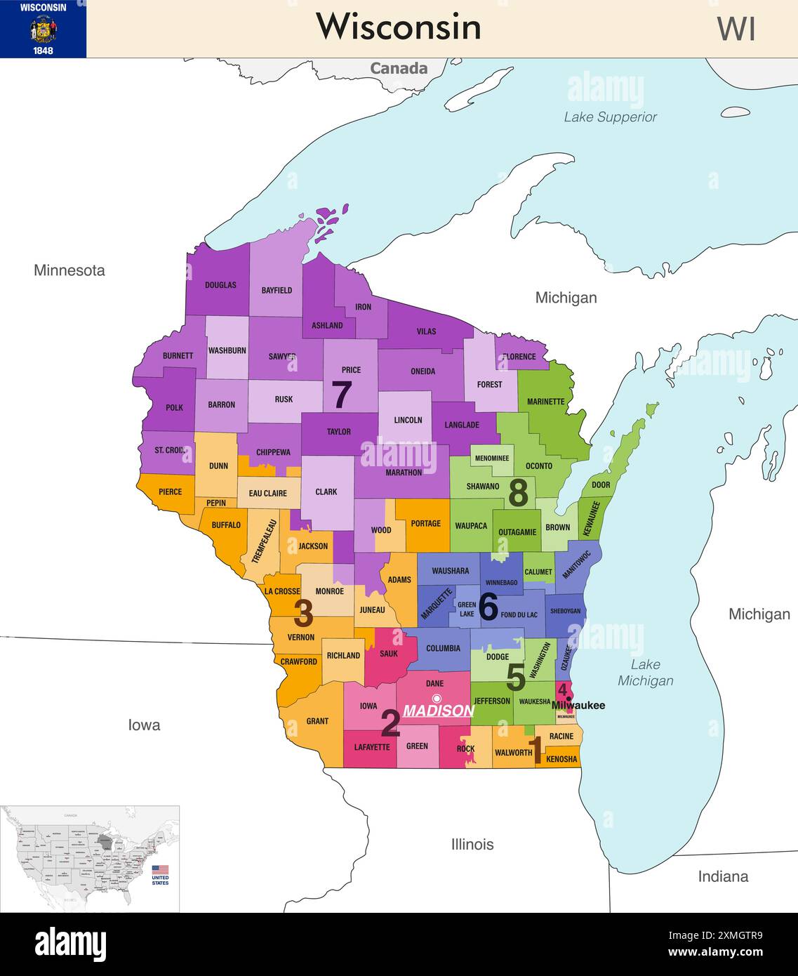 Mappa dello stato del Wisconsin con i confini delle contee e i confini colorati dei distretti congressuali a causa del censimento degli Stati Uniti del 2020 e che è valida da allora Illustrazione Vettoriale