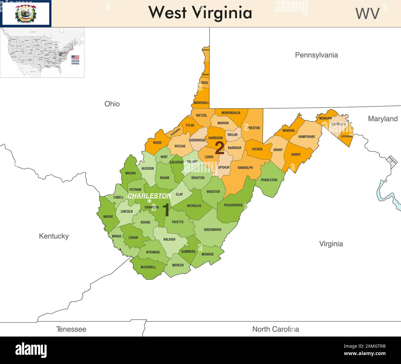 Mappa dello stato della Virginia Occidentale con i confini delle contee e i confini colorati dei distretti congressuali a causa del censimento degli Stati Uniti del 2020 e che è valida S Illustrazione Vettoriale