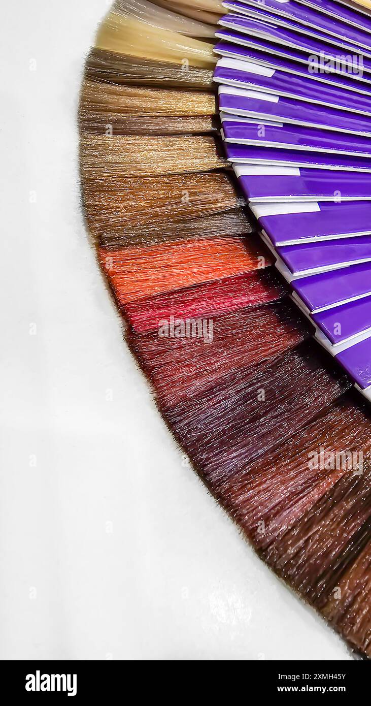 Una tavolozza di colori dei capelli fatta di fili artificiali su sfondo bianco. Selezione del colore. Copia spazio Foto Stock