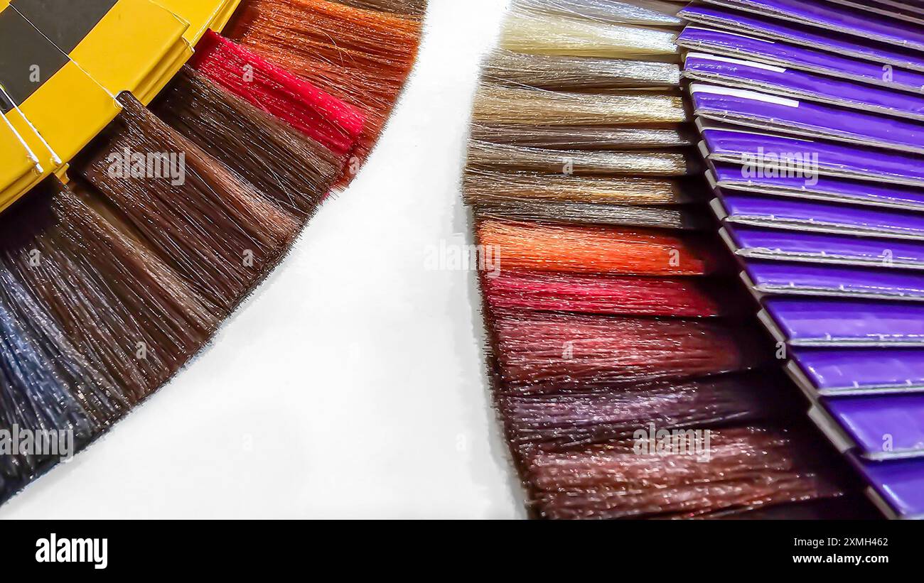 Una tavolozza di colori dei capelli fatta di fili artificiali su sfondo bianco. Selezione del colore. Copia spazio Foto Stock