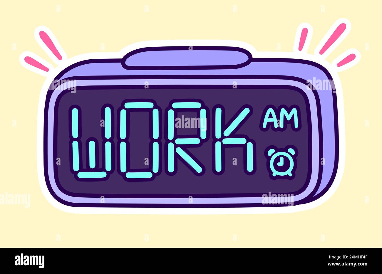 Tempo di lavoro, sveglia digitale, disegno di cartoni animati. Display a LED con testo "Work" (lavoro). Divertente disegno a mano, clip grafica vettoriale. Illustrazione Vettoriale