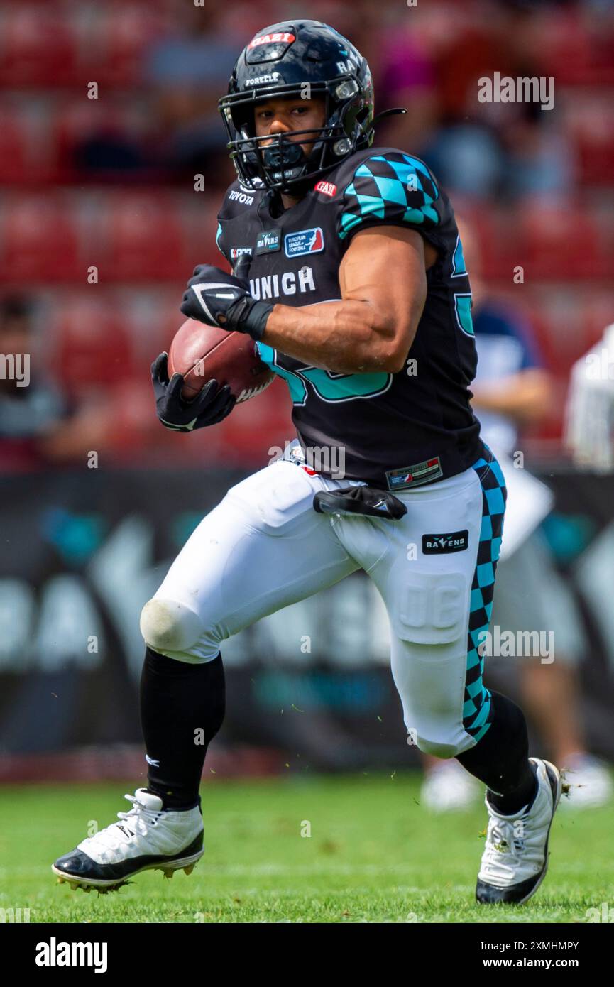 Justin Rodney (Munich Ravens #33) GER, Munich Ravens vs Milano Marines, Amerian Football, ELF, settimana 4, Saison 2024, 28.07.2024, foto: Eibner-Pressefoto/Florian Wolf Foto Stock