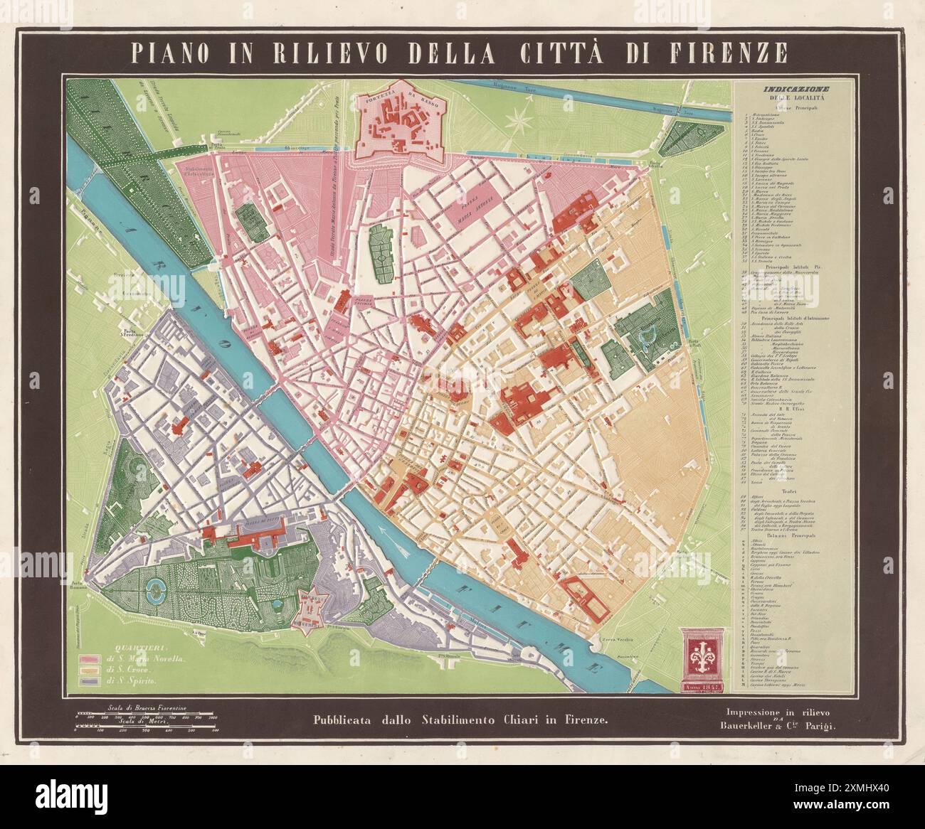 Mappa della città d'epoca. Piano di soccorso della città di Firenze. Bauerkeller & Cie 1847 Foto Stock