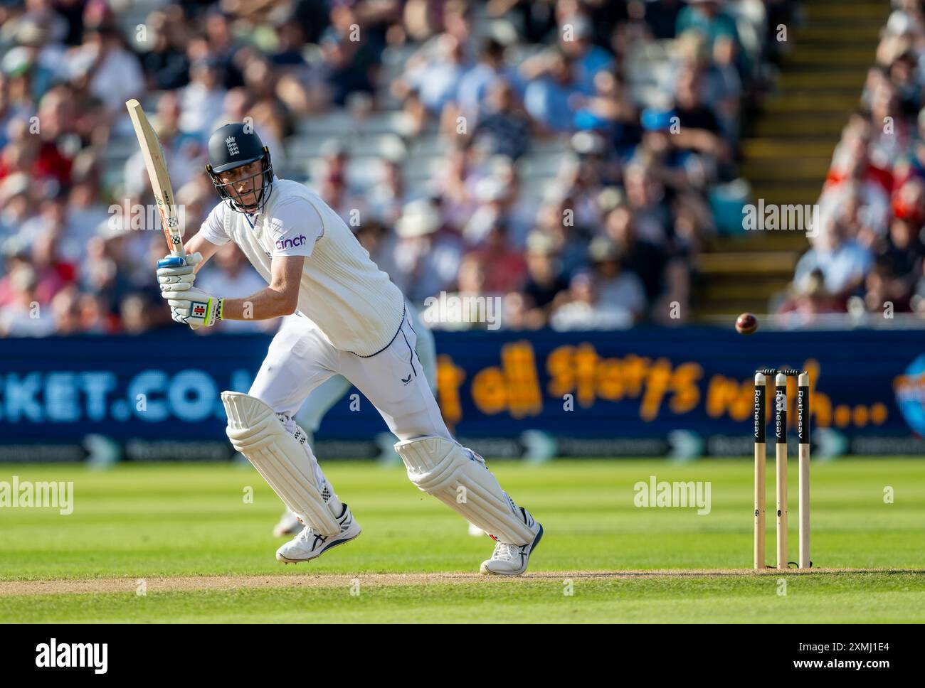 Zak Crawley batté per l'Inghilterra il primo giorno del terzo Rothesay test match tra Inghilterra e Indie occidentali. Foto Stock