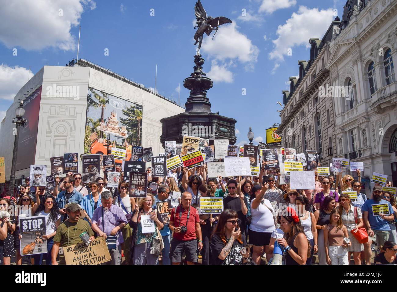 Londra, Regno Unito. 28 luglio 2024. I manifestanti tengono dei cartelli a sostegno dei randagi durante la dimostrazione. I manifestanti si sono riuniti a Piccadilly Circus contro la nuova legge proposta in Turchia per regolamentare gli animali randagi che secondo i manifestanti avrebbe portato all'uccisione di milioni di cani e gatti randagi. (Foto di Vuk Valcic/SOPA Images/Sipa USA) credito: SIPA USA/Alamy Live News Foto Stock