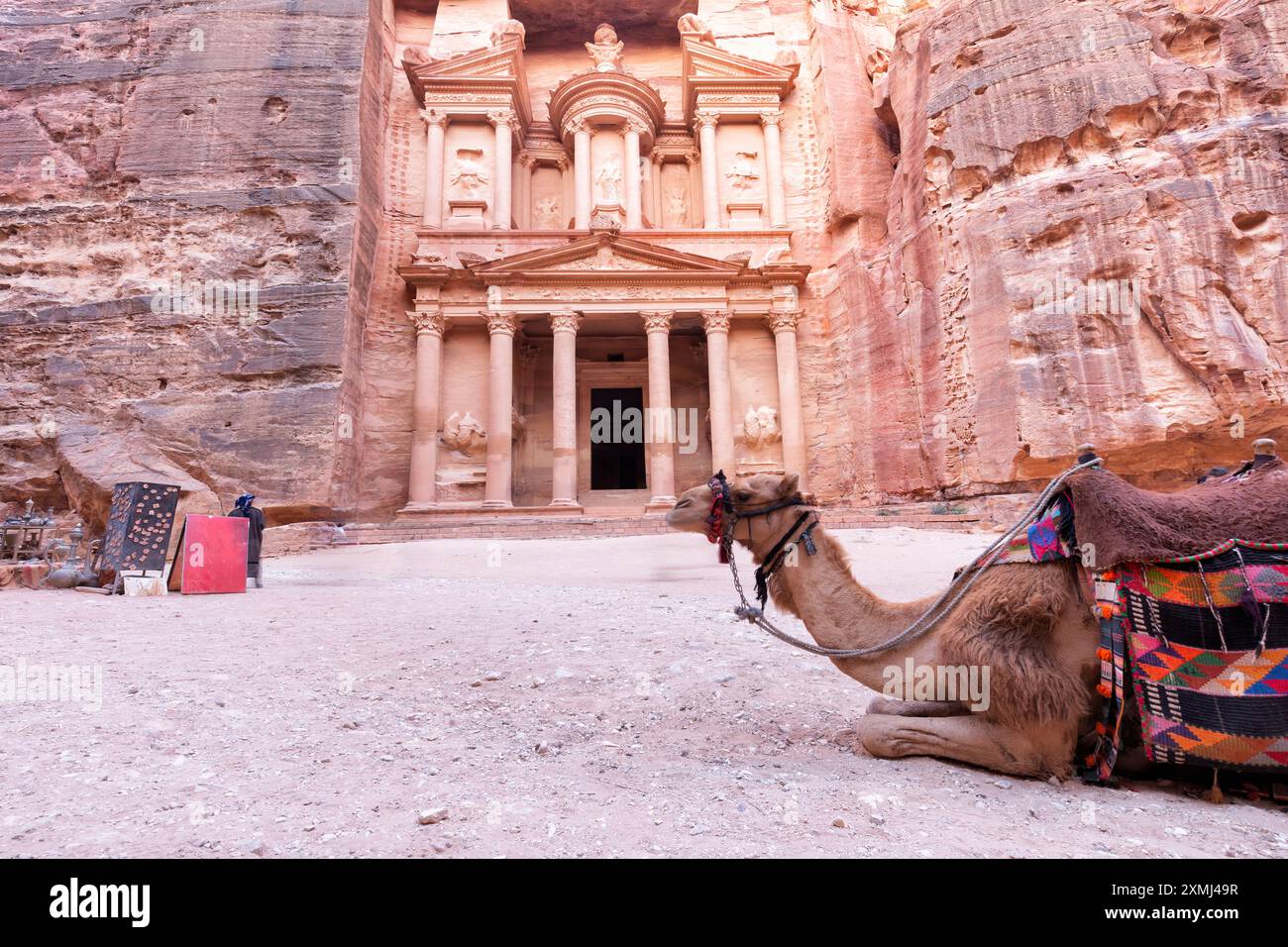 Cammello vicino al al Khazneh o al Tesoro di Petra, in Giordania. Petra è una delle nuove sette meraviglie del mondo. Patrimonio mondiale dell'UNESCO Foto Stock