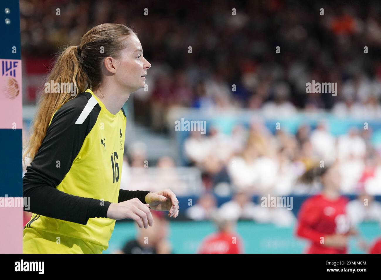 Althea Reinhardt di Danimarca, Handball, Women&#39;il turno preliminare del gruppo A tra Danimarca e Norvegia durante i Giochi Olimpici di Parigi 2024 il 28 luglio 2024 alla South Paris Arena di Parigi, Francia Foto Stock