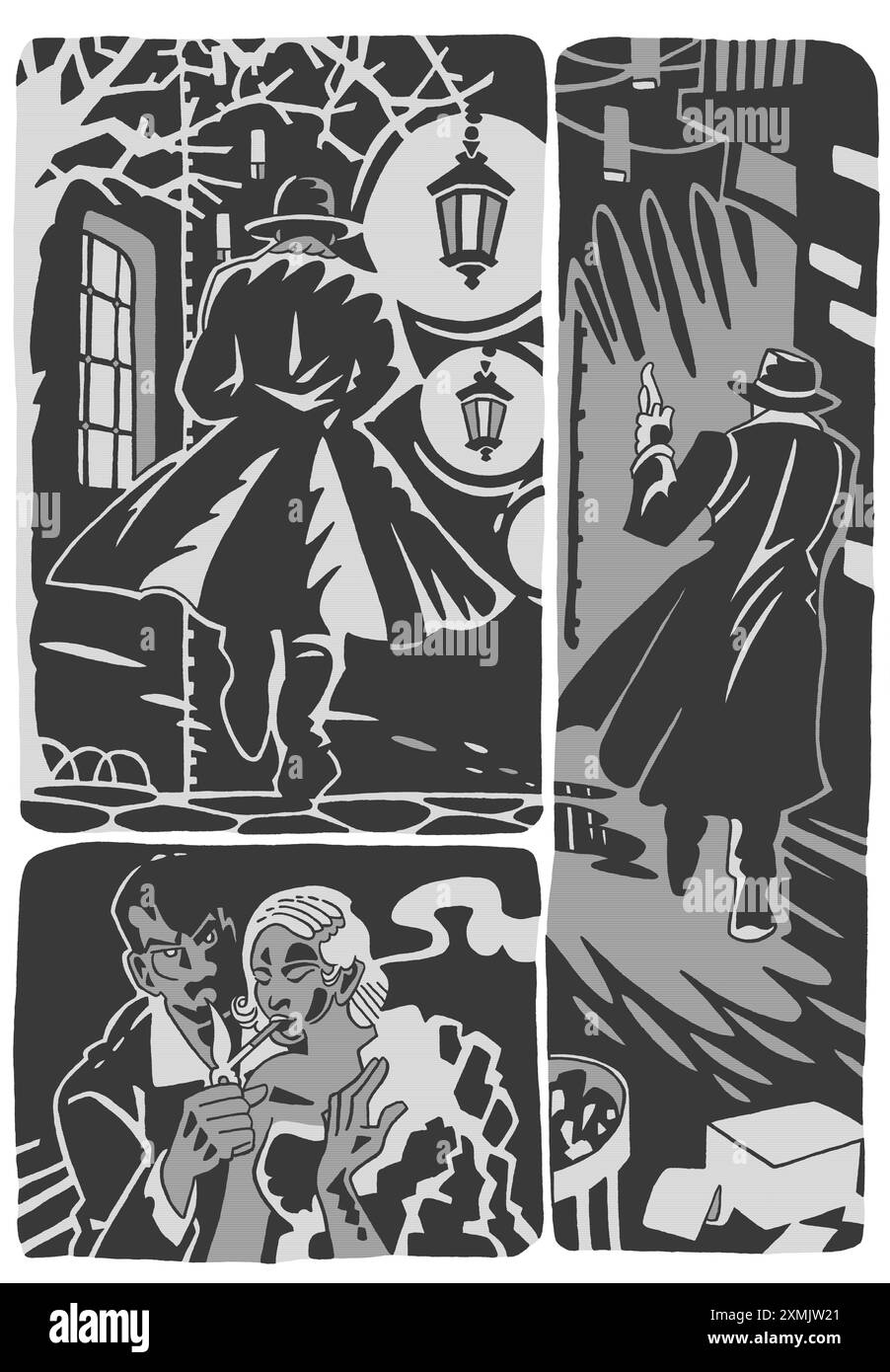 Illustrazione orizzontale in tributo ai film del Film Noir con uomini che camminano in una grande e malfamata città urbana, e femme fatale che fuma una sigaretta, all'ombra Foto Stock Illustrazione orizzontale in tributo ai film del Film Noir con uomini che camminano in una grande e malfamata città urbana, e femme fatale che fuma una sigaretta, all'ombra Foto Stock
