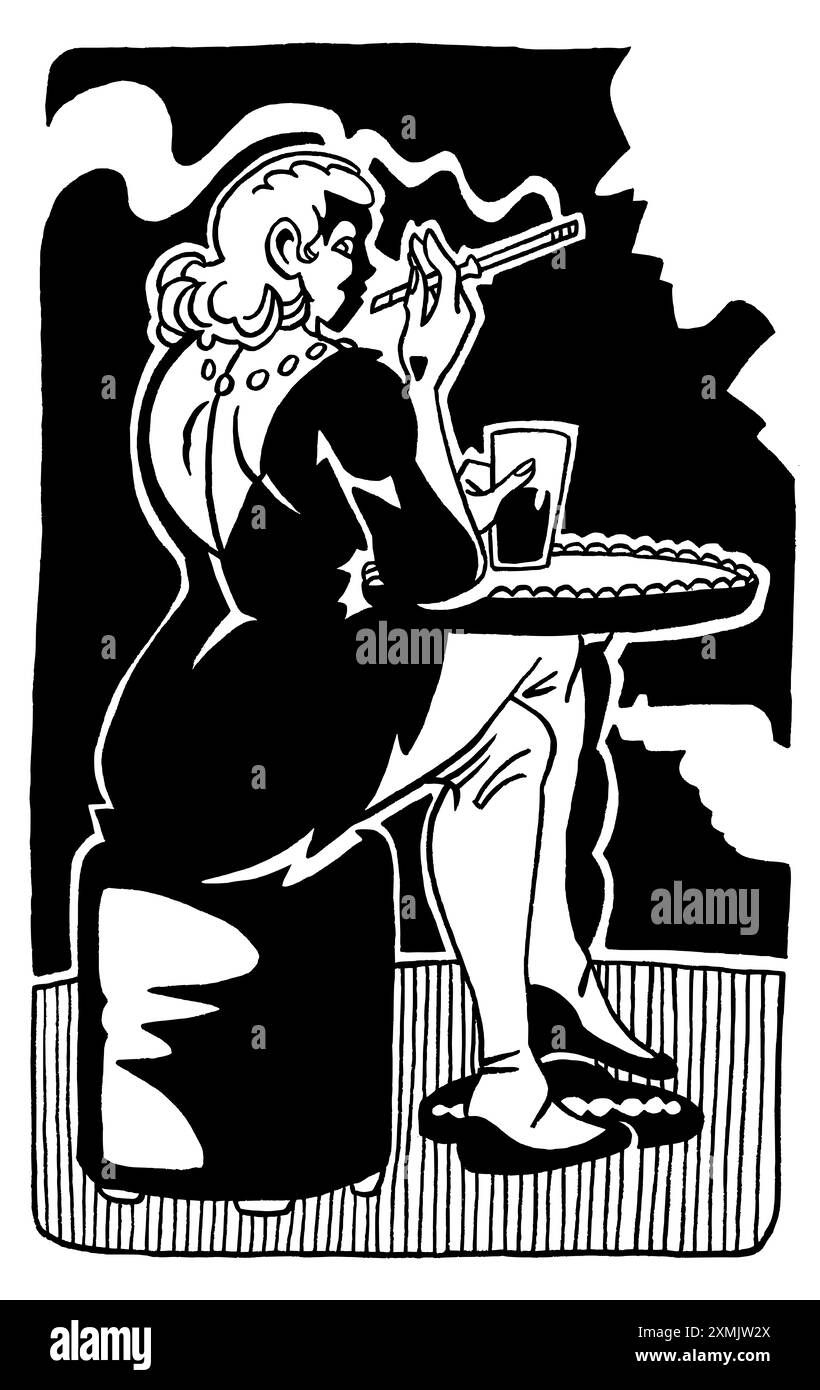 Illustrazione verticale in omaggio ai film del Film Noir con una femme fatale seduta con una sigaretta in attesa di un detective armato con una pistola, nero e baleno Foto Stock