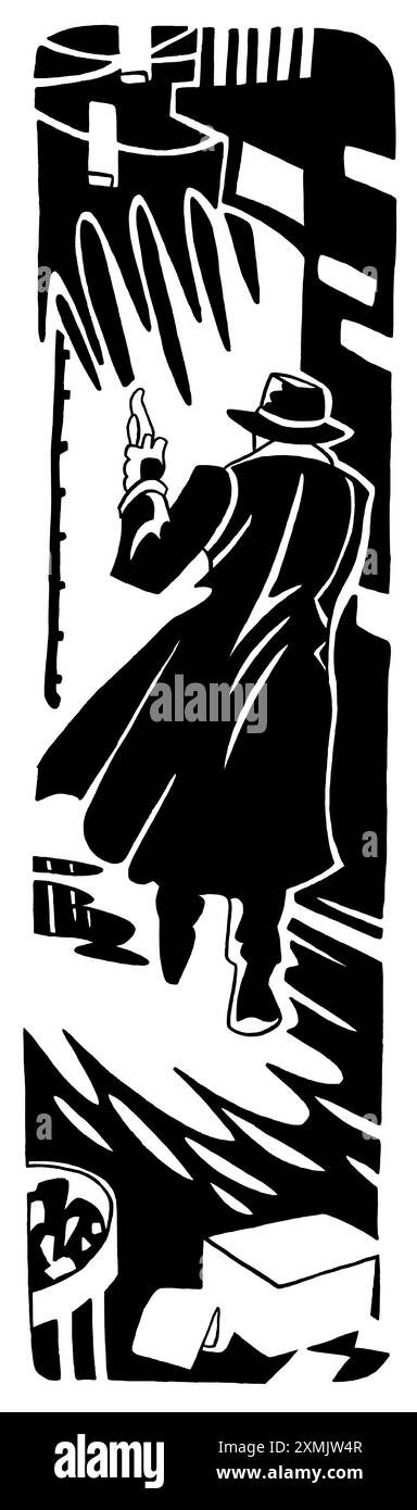 Illustrazione verticale in tributo ai film del Film Noir con un uomo che cammina in una grande e malfamata città urbana, resa in bianco e nero Foto Stock Illustrazione verticale in tributo ai film del Film Noir con un uomo che cammina in una grande e malfamata città urbana, resa in bianco e nero Foto Stock