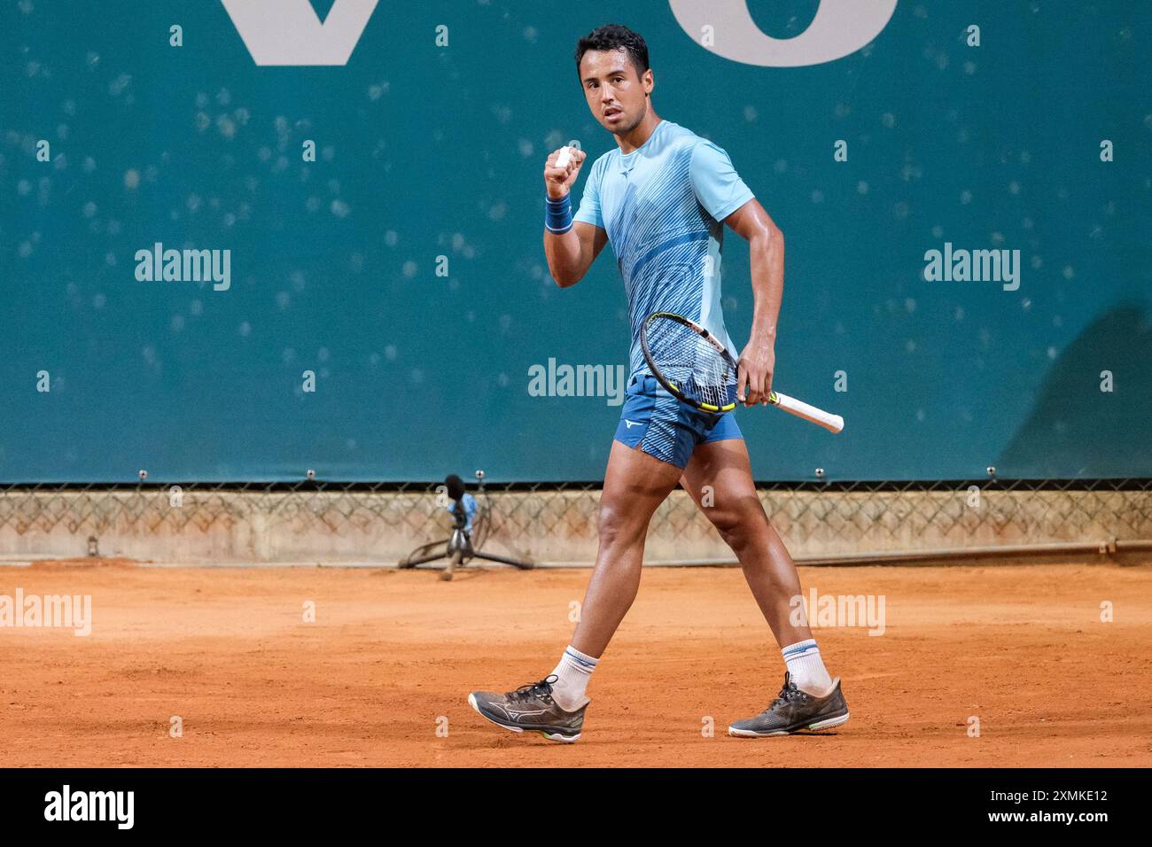 Hugo Dellien boliviano festeggia dopo aver segnato un punto durante gli internazionali di Verona - torneo di tennis ATP Challenger 100 allo Sports Club Verona Foto Stock