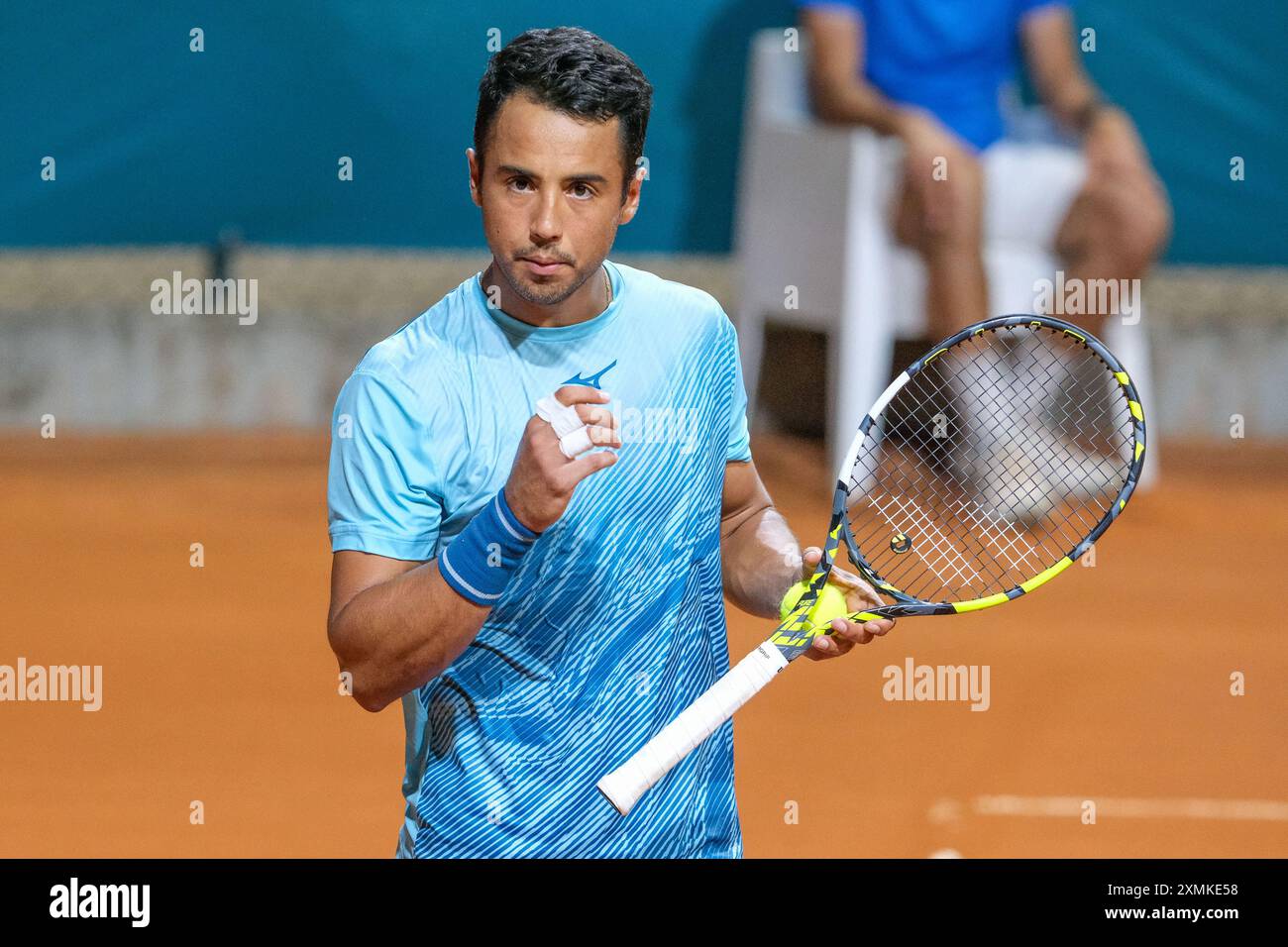 Hugo Dellien boliviano festeggia dopo aver segnato un punto durante gli internazionali di Verona - torneo di tennis ATP Challenger 100 presso lo Sports Club Veron Foto Stock