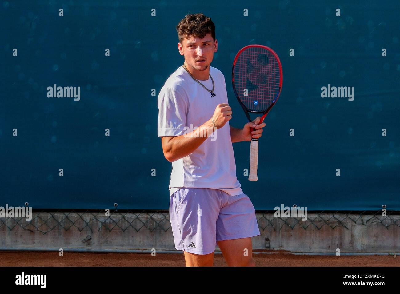 Max Hans Rehberg dalla Germania festeggia dopo aver segnato un punto durante gli internazionali di Verona - ATP Challenger 100 torneo di tennis presso lo Sports Club VE Foto Stock
