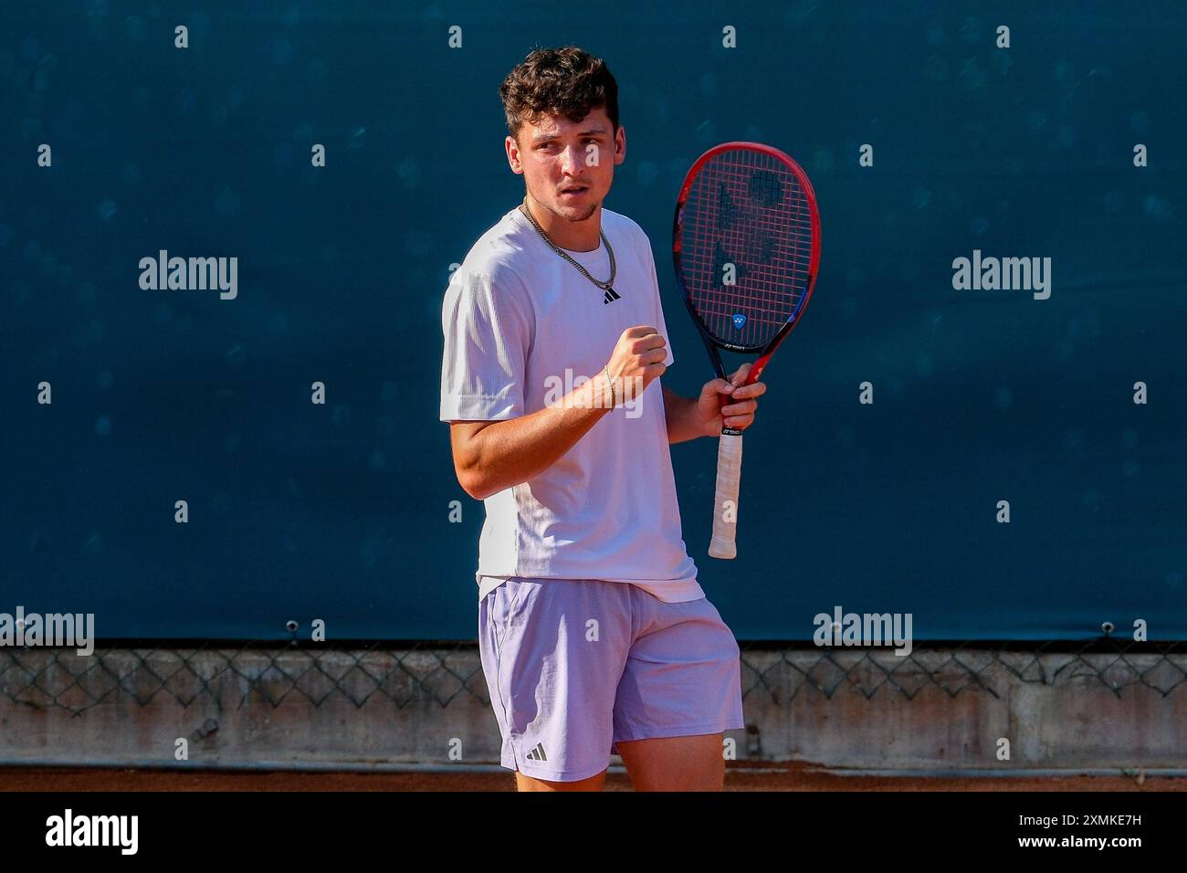 Max Hans Rehberg dalla Germania festeggia dopo aver segnato un punto durante gli internazionali di Verona - ATP Challenger 100 torneo di tennis presso lo Sports Club VE Foto Stock