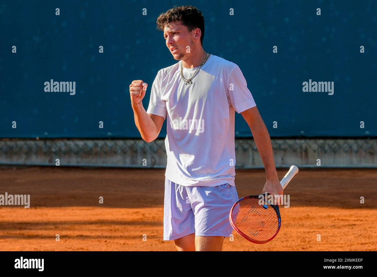 Max Hans Rehberg dalla Germania festeggia dopo aver segnato un punto durante gli internazionali di Verona - ATP Challenger 100 torneo di tennis presso lo Sports Club VE Foto Stock