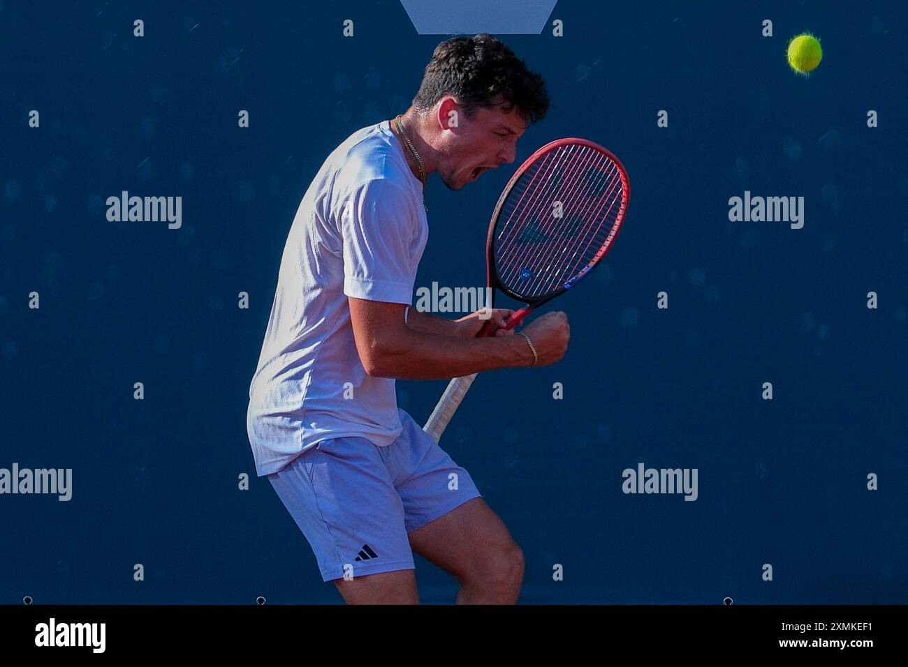 Max Hans Rehberg dalla Germania festeggia dopo aver segnato un punto durante gli internazionali di Verona - ATP Challenger 100 torneo di tennis presso lo Sports Club VE Foto Stock