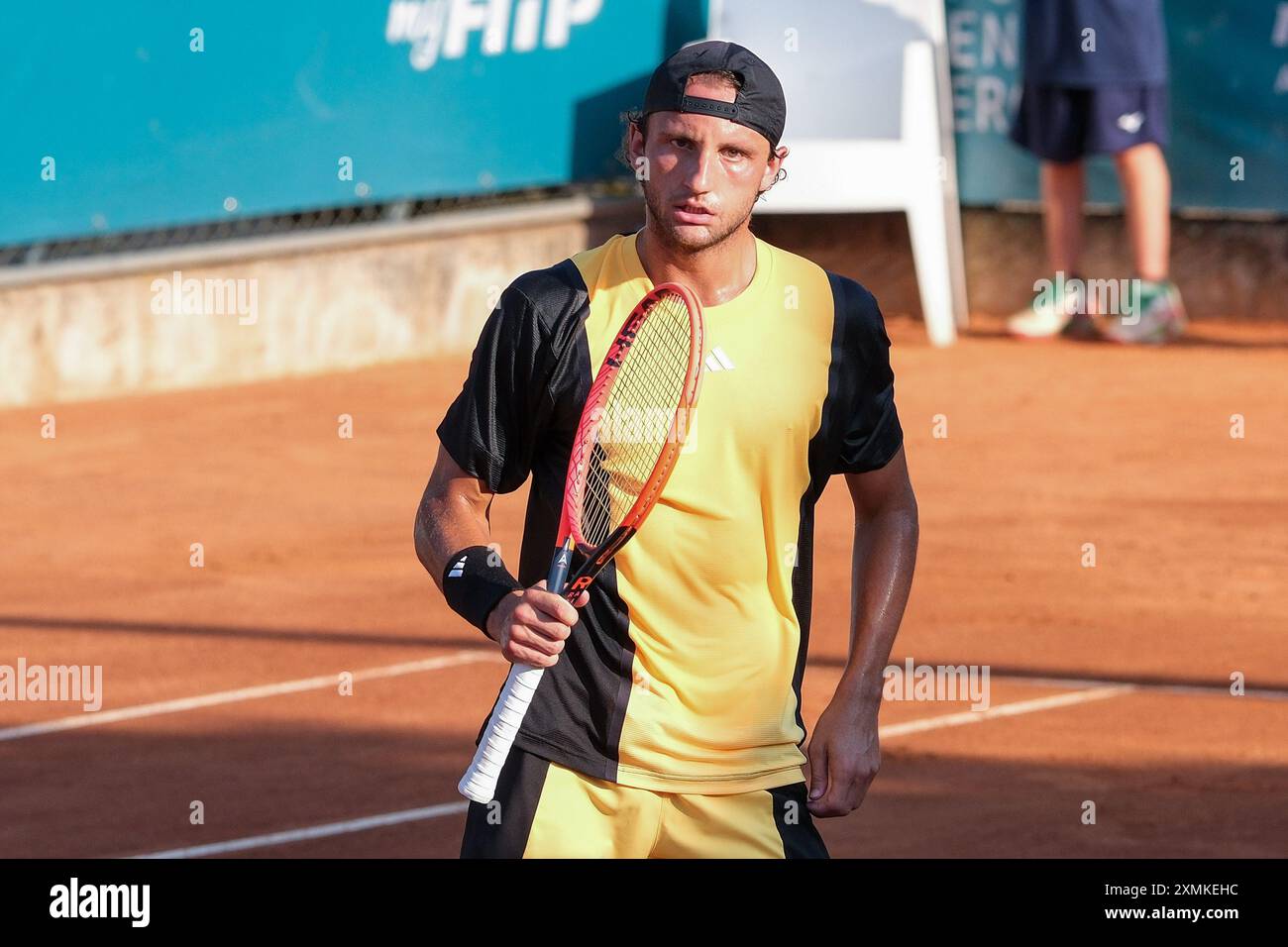 Federico Arnaboldi, italiano, festeggia dopo un punto in occasione di internazionali di Verona - ATP Challenger 100 torneo di tennis presso lo Sports Club V. Foto Stock