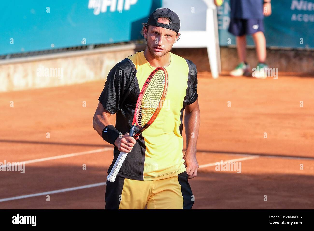Federico Arnaboldi, italiano, festeggia dopo un punto in occasione di internazionali di Verona - ATP Challenger 100 torneo di tennis presso lo Sports Club V. Foto Stock
