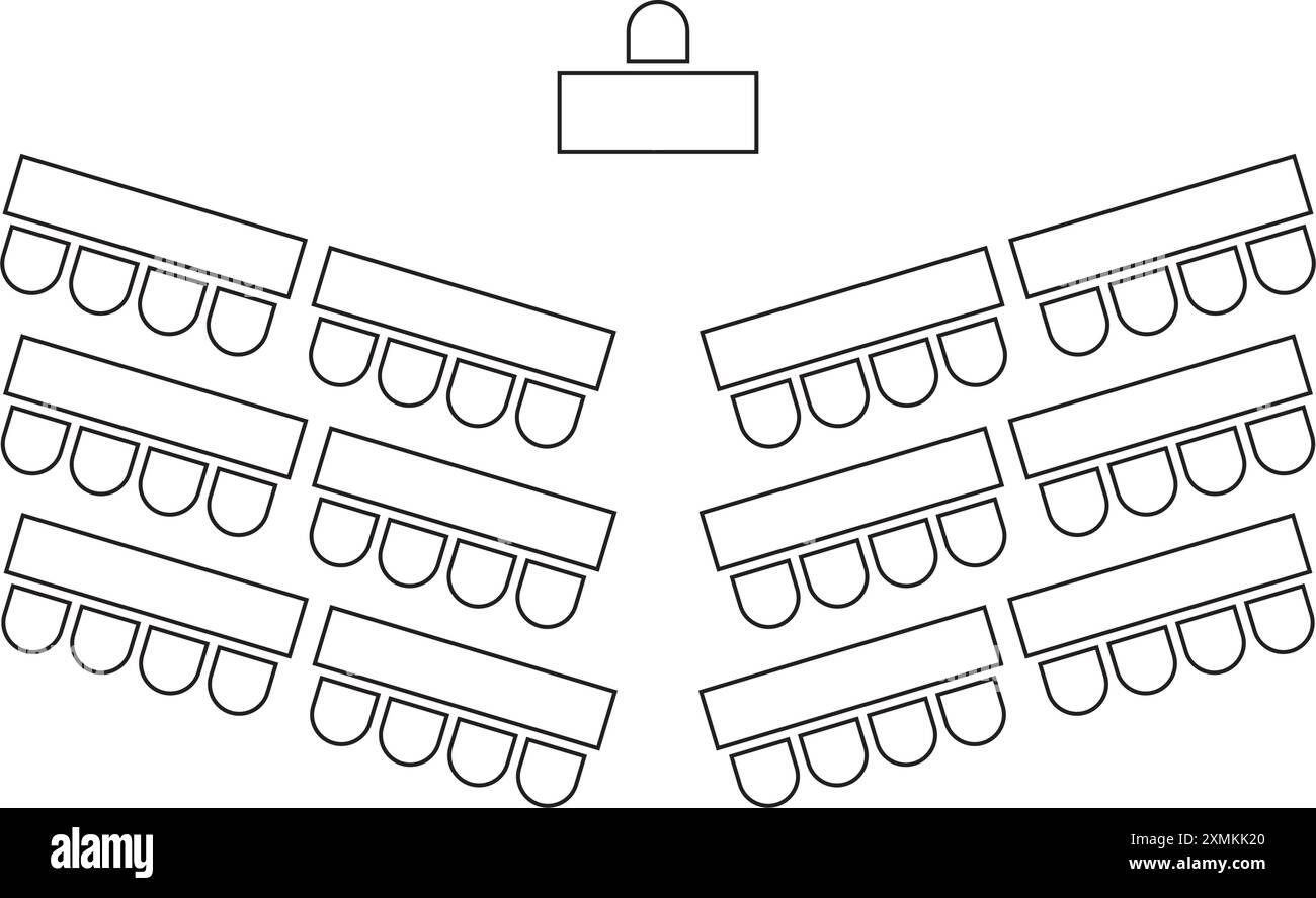 Disposizione dei posti a sedere dell'Auditorium. Disposizione dei posti ad aula. Schema dello spazio di lavoro nel lectorium, riunioni o conferenze, corsi di formazione o seminari Illustrazione Vettoriale