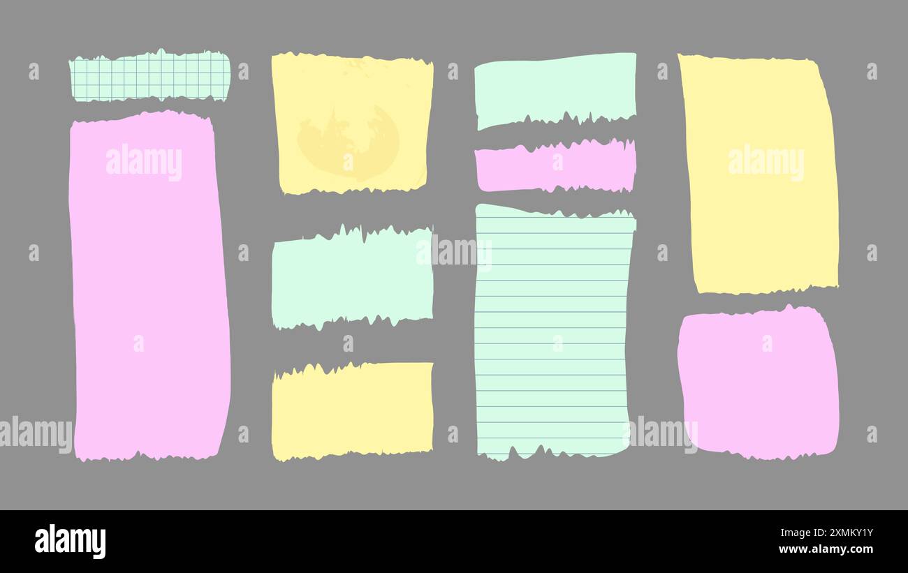 Carta ed elementi per lo scrapbooking vecchio strappato. Carta colorata texture diverse motivi bordi irregolari imitazione dei frammenti di giornali. Illustrazione vettoriale. Illustrazione Vettoriale