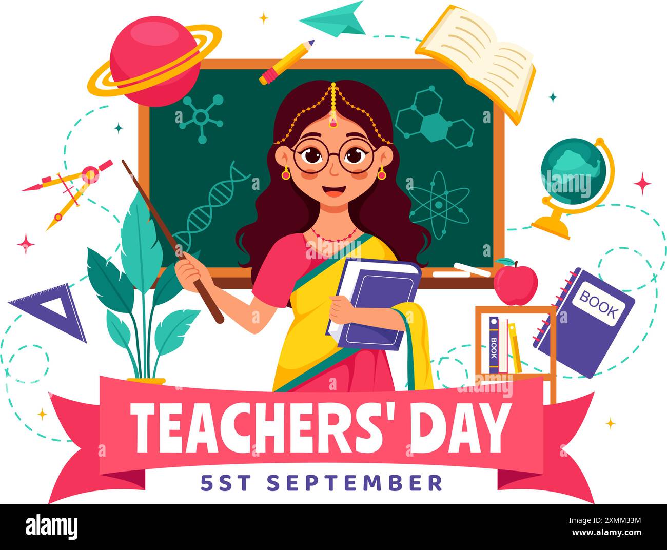 Happy Teachers Day in India illustrazione vettoriale con insegnante che indossa abiti tradizionali e attrezzature scolastiche in uno sfondo piatto di cartone animato Illustrazione Vettoriale