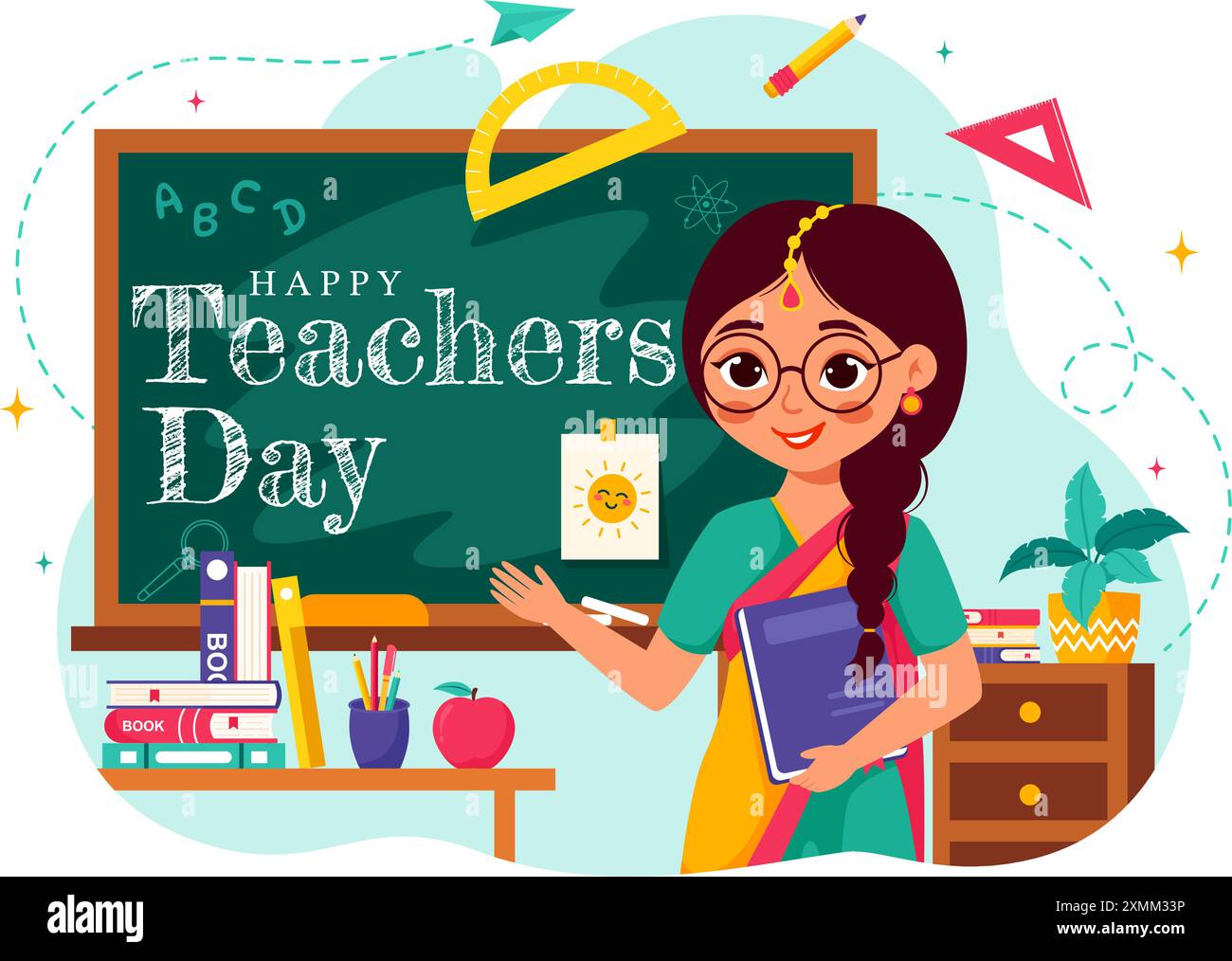 Happy Teachers Day in India illustrazione vettoriale con insegnante che indossa abiti tradizionali e attrezzature scolastiche in uno sfondo piatto di cartone animato Illustrazione Vettoriale