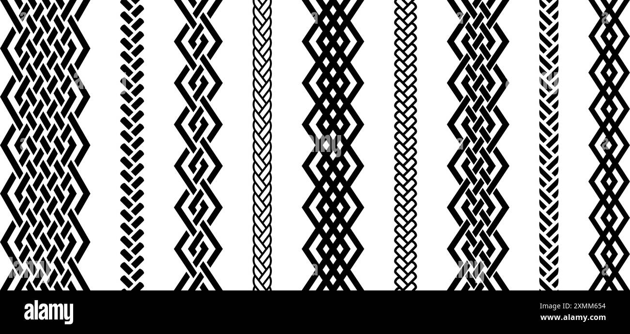 Bordo nodo retrò senza cuciture. Raccolta di separatori o divisori celtici a ripetizione nera. Motivo decorativo a treccia per striscioni, poster, telaio. fascio di elementi di design per ondulazione. Pacchetto vettoriale Illustrazione Vettoriale