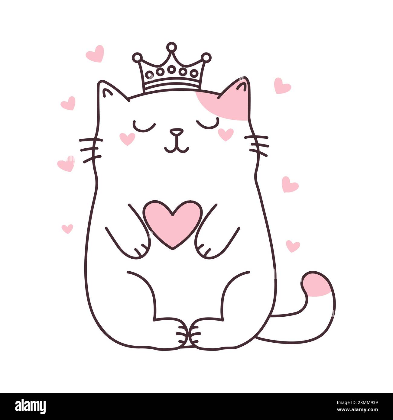 Carino personaggio del cartone animato del gatto dell'amore che dorme indossando l'illustrazione del vettore Crown Illustrazione Vettoriale