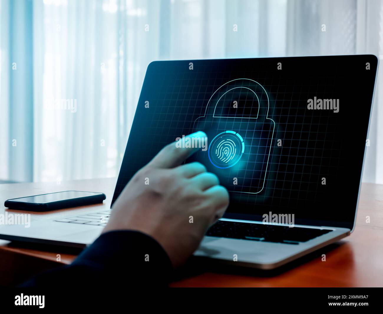 Scansione blu delle impronte digitali e icona di blocco sullo schermo del computer portatile durante la scansione delle dita per un accesso di sicurezza con identificazione biometrica. Sicurezza informatica Foto Stock