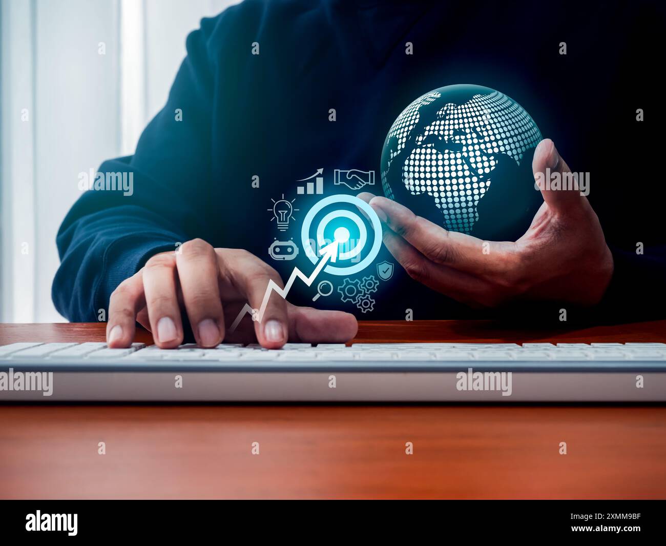 Marketing digitale AI, tendenze tecnologiche, SEO, pubblicità, branding e concetto di social media. Icona target con simboli di strategia aziendale vicini Foto Stock