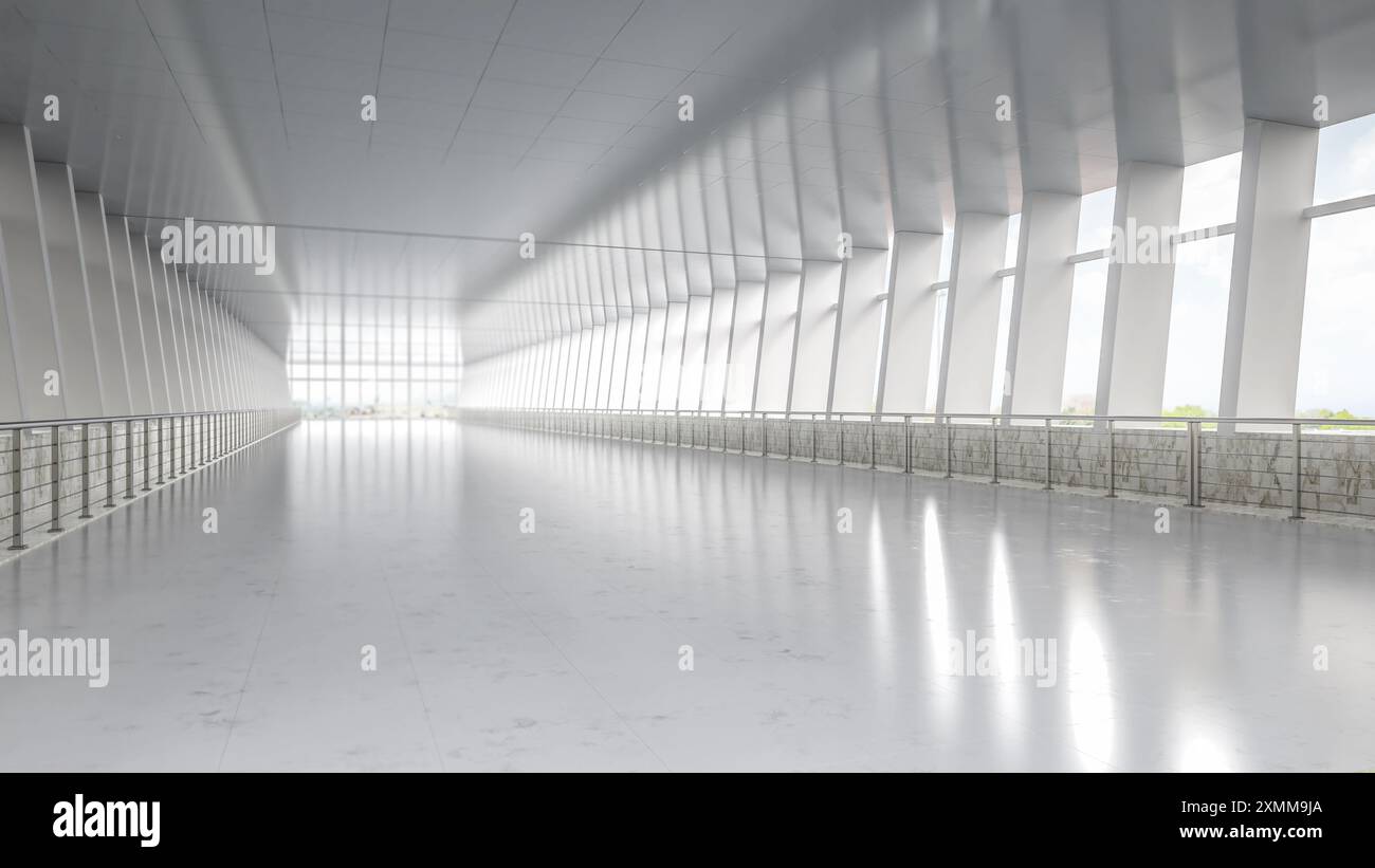 rendering 3d degli interni vuoti del passaggio dell'aeroporto con vetri per finestre Foto Stock