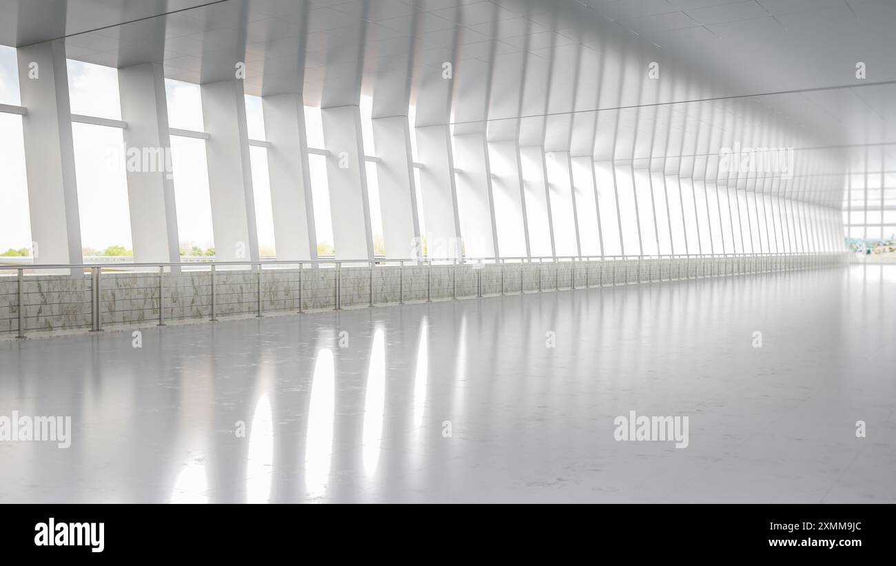 rendering 3d degli interni vuoti del passaggio dell'aeroporto con vetri per finestre Foto Stock