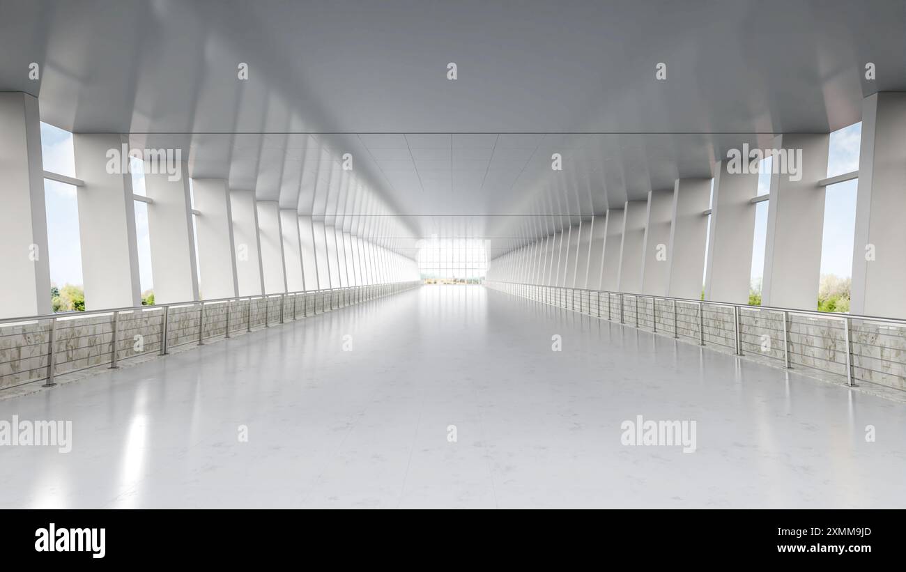 rendering 3d degli interni vuoti del passaggio dell'aeroporto con vetri per finestre Foto Stock