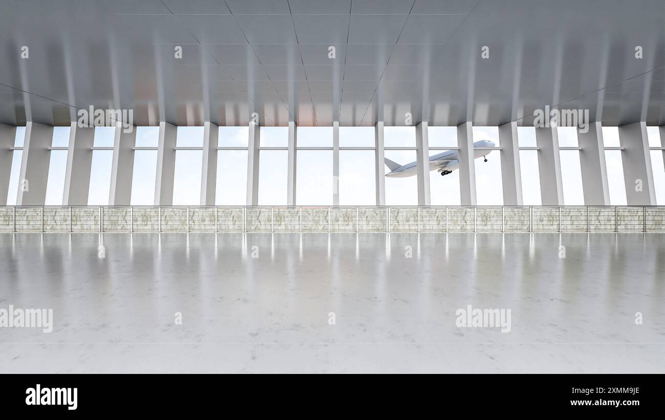 rendering 3d degli interni vuoti del passaggio dell'aeroporto con vetri per finestre Foto Stock