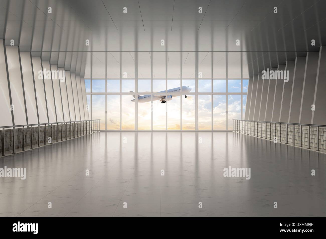 rendering 3d degli interni vuoti del passaggio dell'aeroporto con vetri per finestre Foto Stock